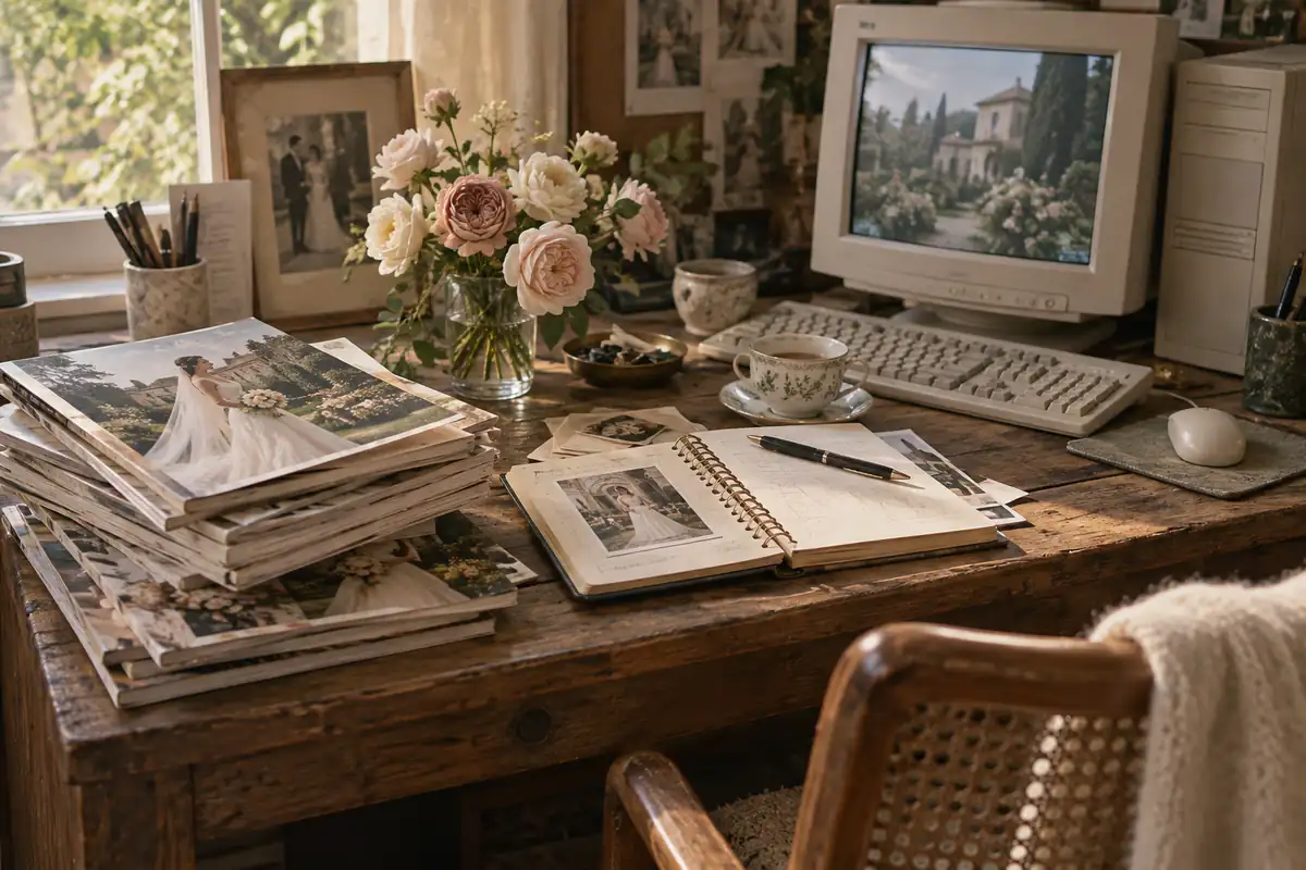 Old wedding magazines and a well-used notebook on a wooden desk beside a late-1990s computer, with a small vase of garden roses