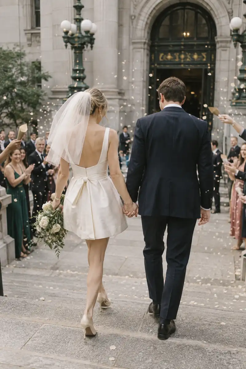 A couple from behind walking down the steps of a classic city hall building, she in a short ivory dress and small veil, he in a navy suit, holding hands, confetti in the air