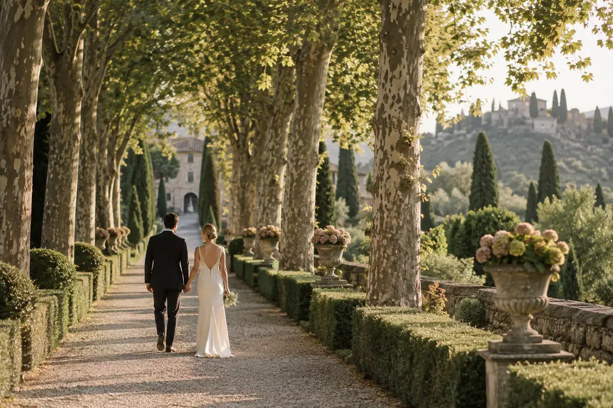 A bride and groom walking away down a long avenue of plane trees and clipped hedges in late-afternoon light