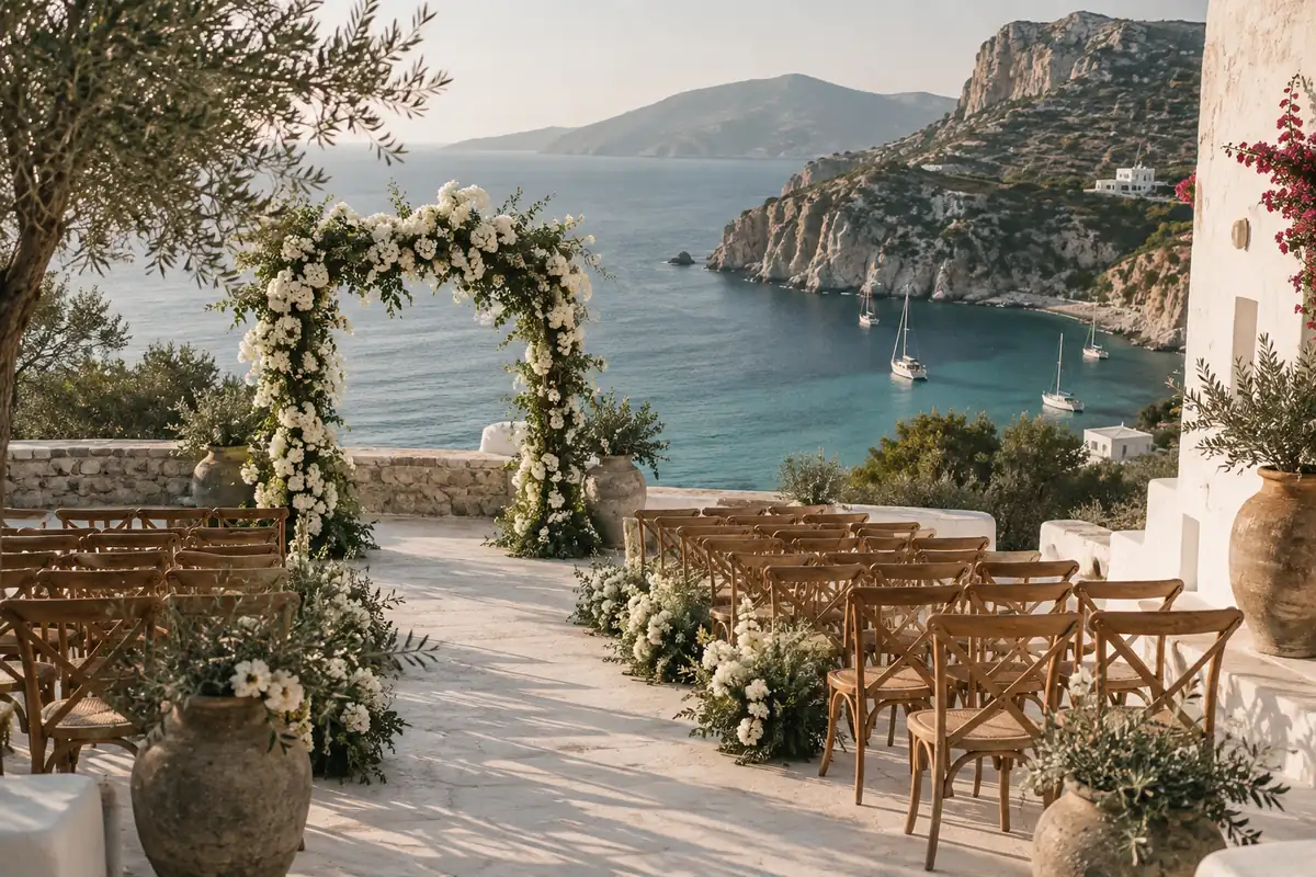 A wedding ceremony set up on a whitewashed terrace above a turquoise Mediterranean bay: rows of wooden chairs, an arch of white bougainvillea, late afternoon light