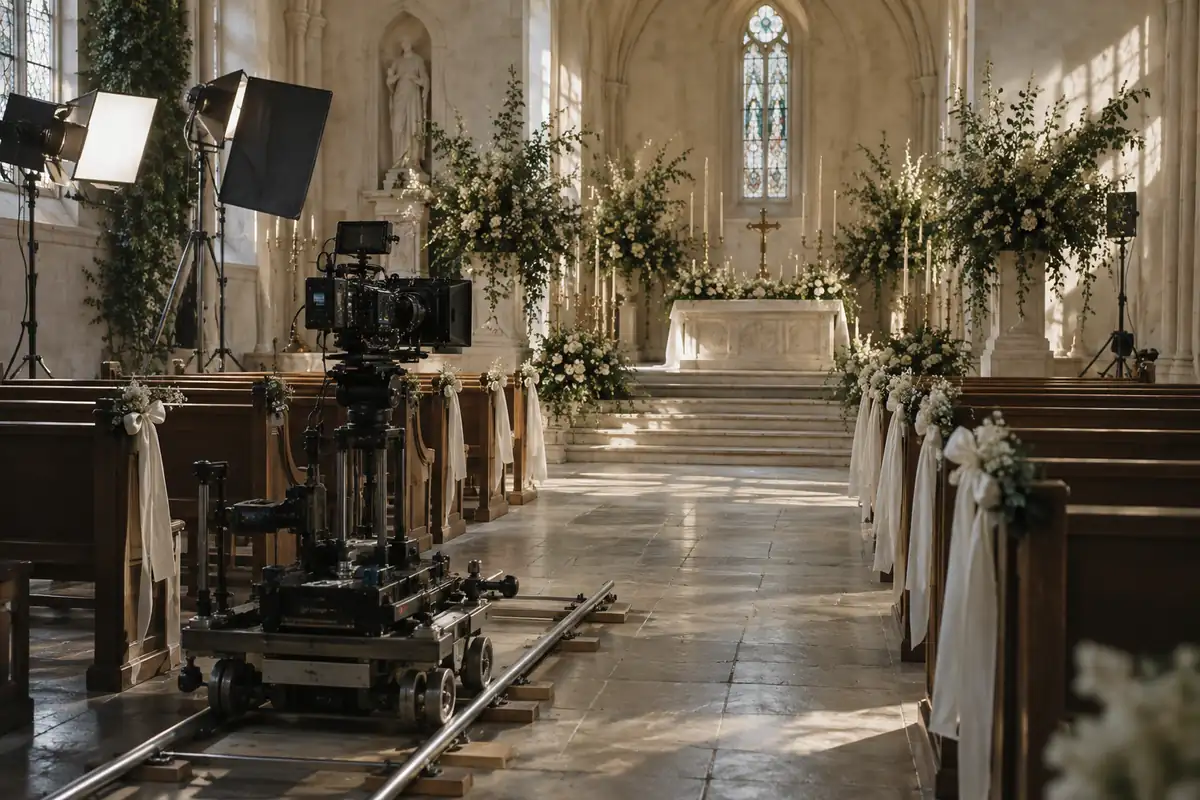 An empty chapel lit like a film set: rows of pews with white ribbons, a large cinema camera on a dolly in the aisle, studio lights