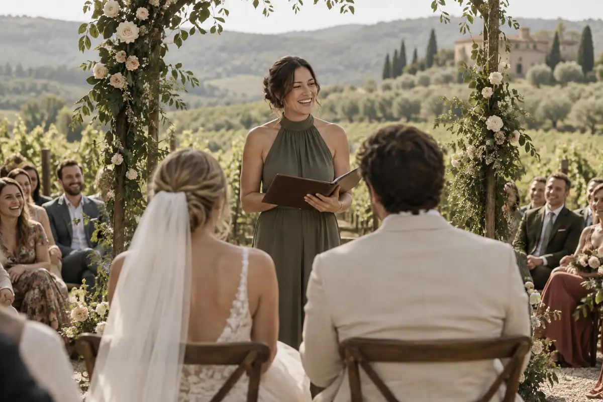 A friend officiating a wedding under a simple floral arch in a vineyard, seen from behind the couple, holding a small leather folder, laughing guests in soft focus