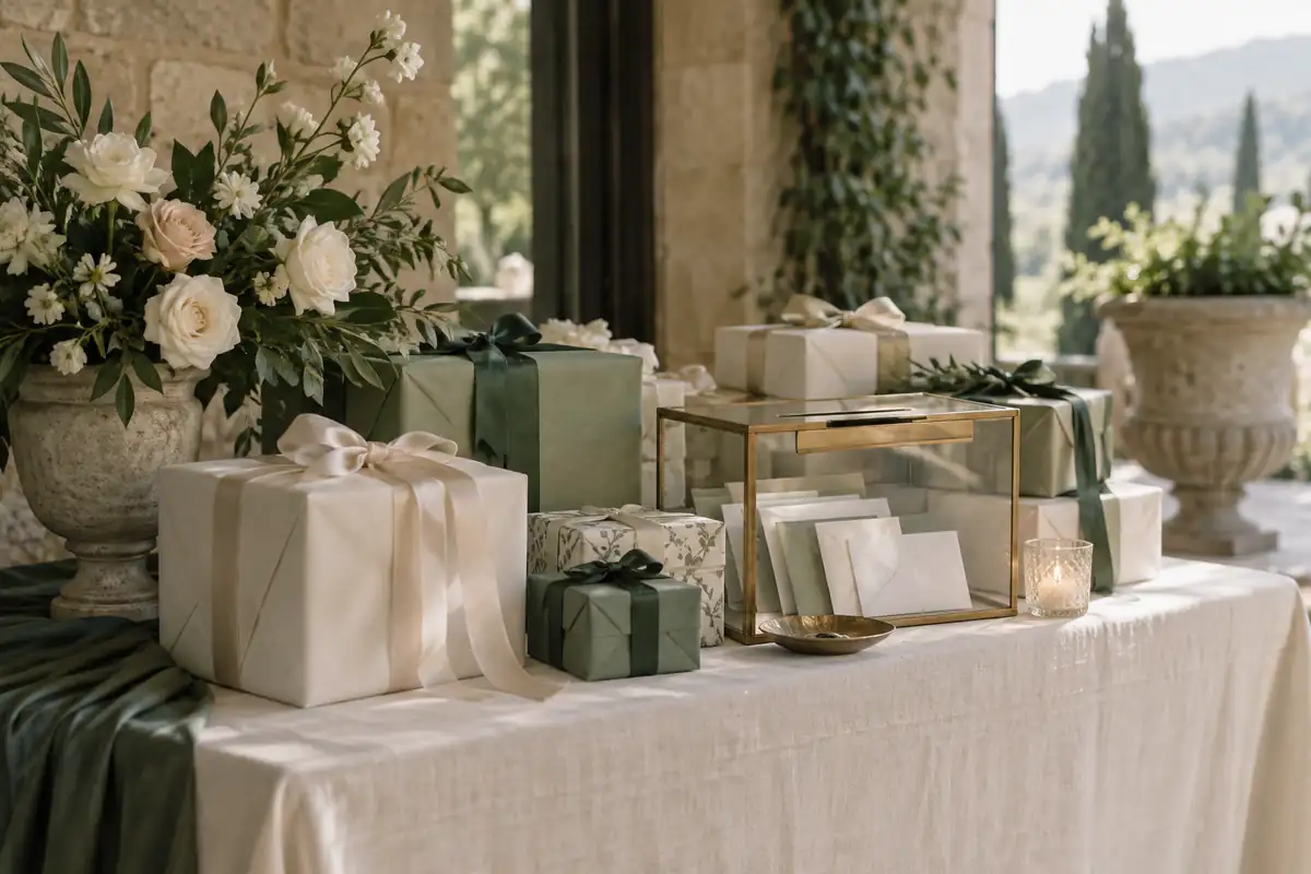 A wedding gift table with beautifully wrapped boxes in white and sage paper, silk ribbons, a card box and a small bouquet