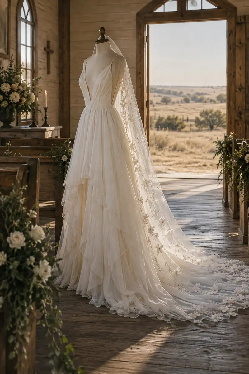 Illustration of the style of the wedding of Gwen Stefani and Blake Shelton’s Oklahoma Ranch Wedding, 2021