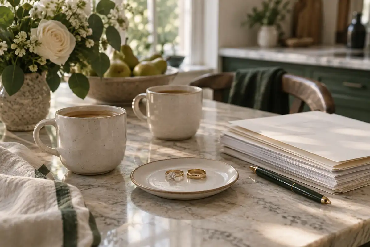 Two coffee cups on a kitchen table beside a neat stack of papers, a pen and two engagement rings resting on a saucer, soft morning light