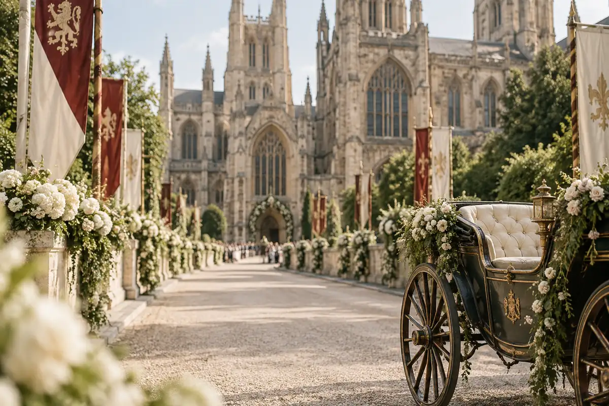 A long procession route decorated with flags and flowers outside a grand gothic abbey on a bright morning, crowds far away and out of focus, an ornate open carriage waiting