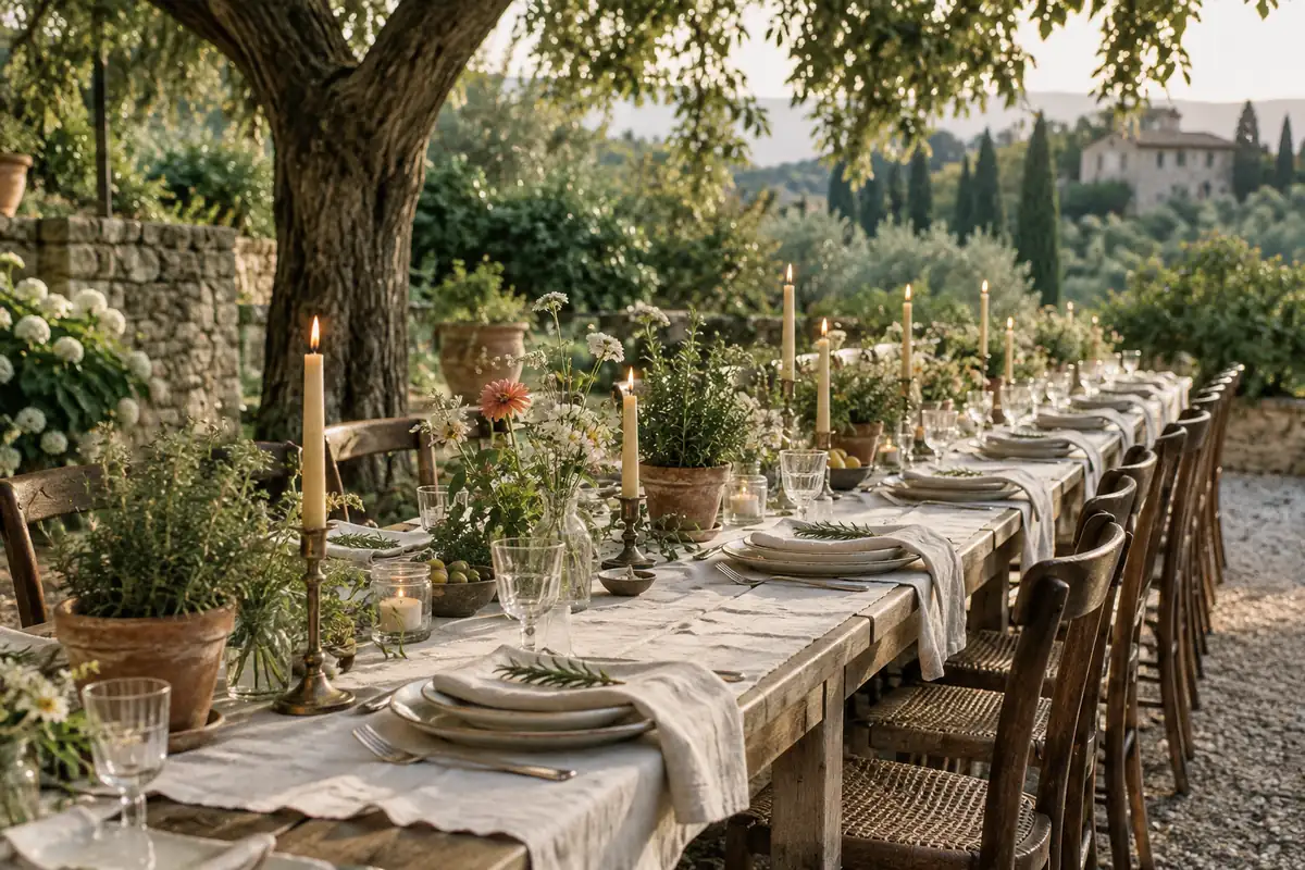 A long wedding table decorated with potted herbs, seasonal garden flowers in reused glass jars, linen napkins and beeswax candles, outdoors under trees