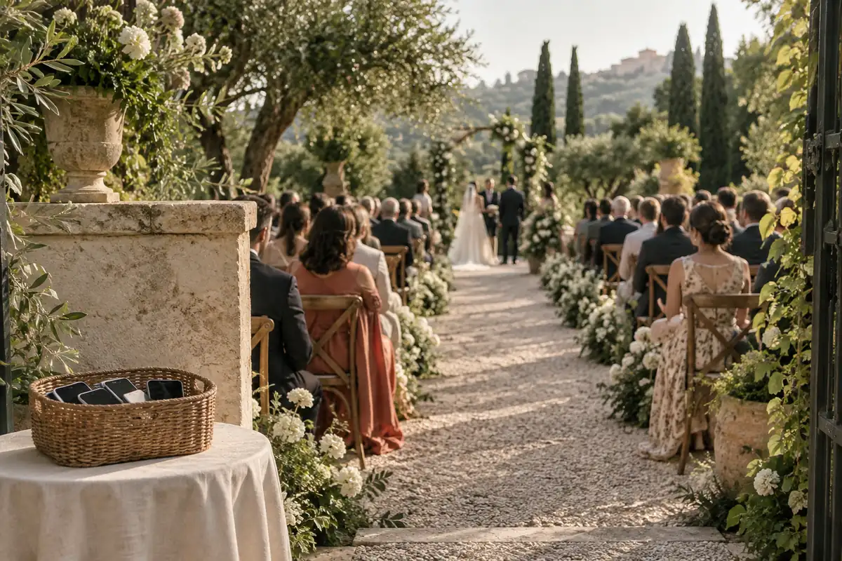 Wedding guests seated in a garden ceremony watching the aisle attentively, no phones in hand, a small basket of phones on a table by the entrance in the foreground