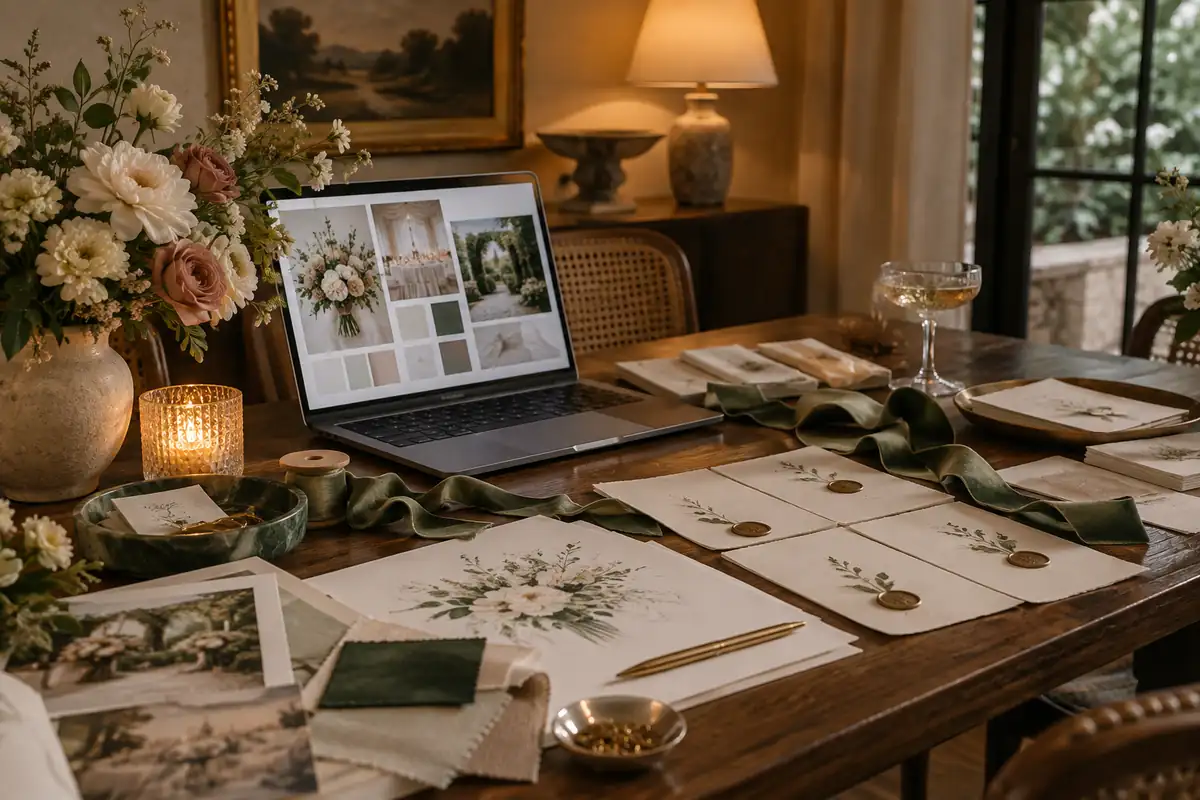 A laptop open on a table covered in wedding planning materials — seating chart cards, ribbon samples, a floral sketch — warm lamp light, the screen glowing softly (no legible text)