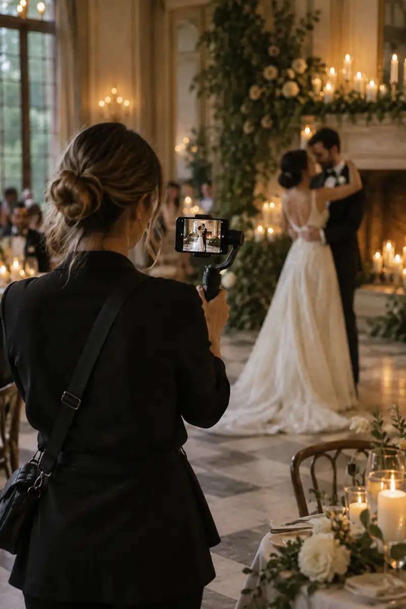 A wedding content creator seen from behind holding a smartphone on a small gimbal, filming a couple’s first dance in a candlelit room; the couple blurred in the background