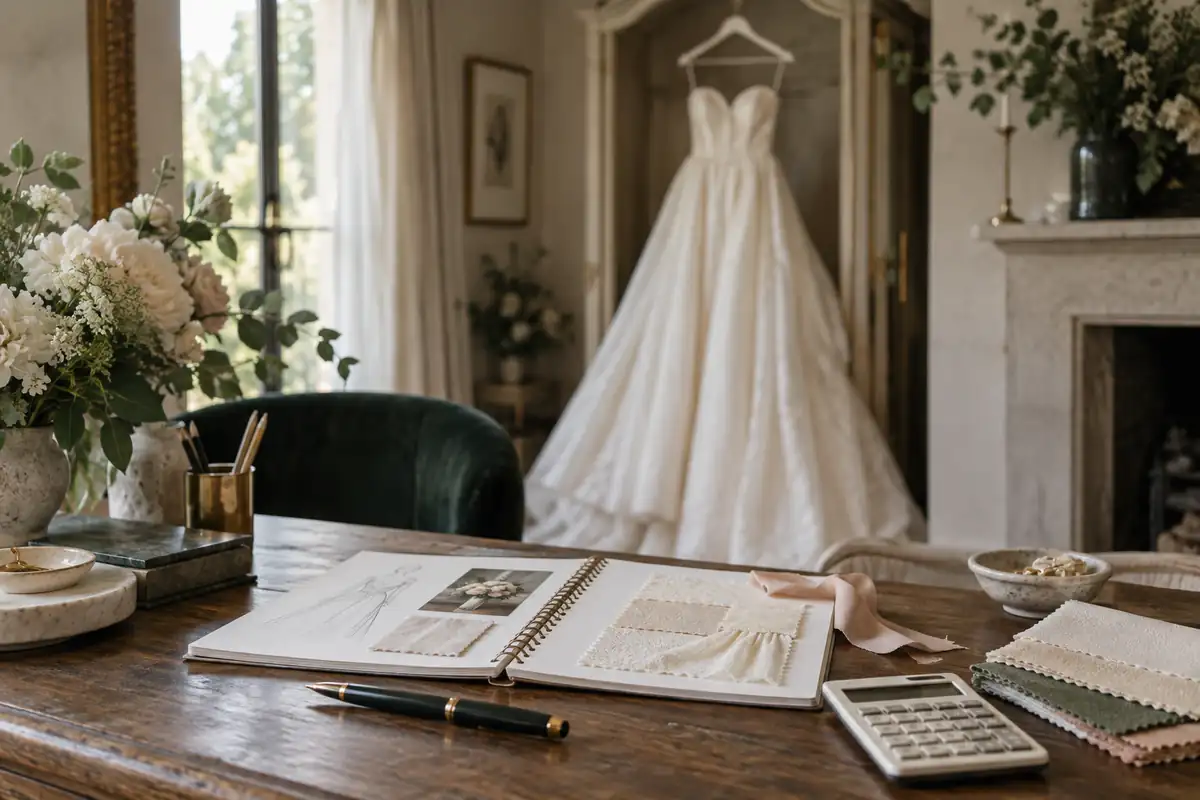 An ivory wedding gown on a hanger in soft focus behind a neat desk with a planning notebook, a small calculator, a fountain pen and fabric swatches