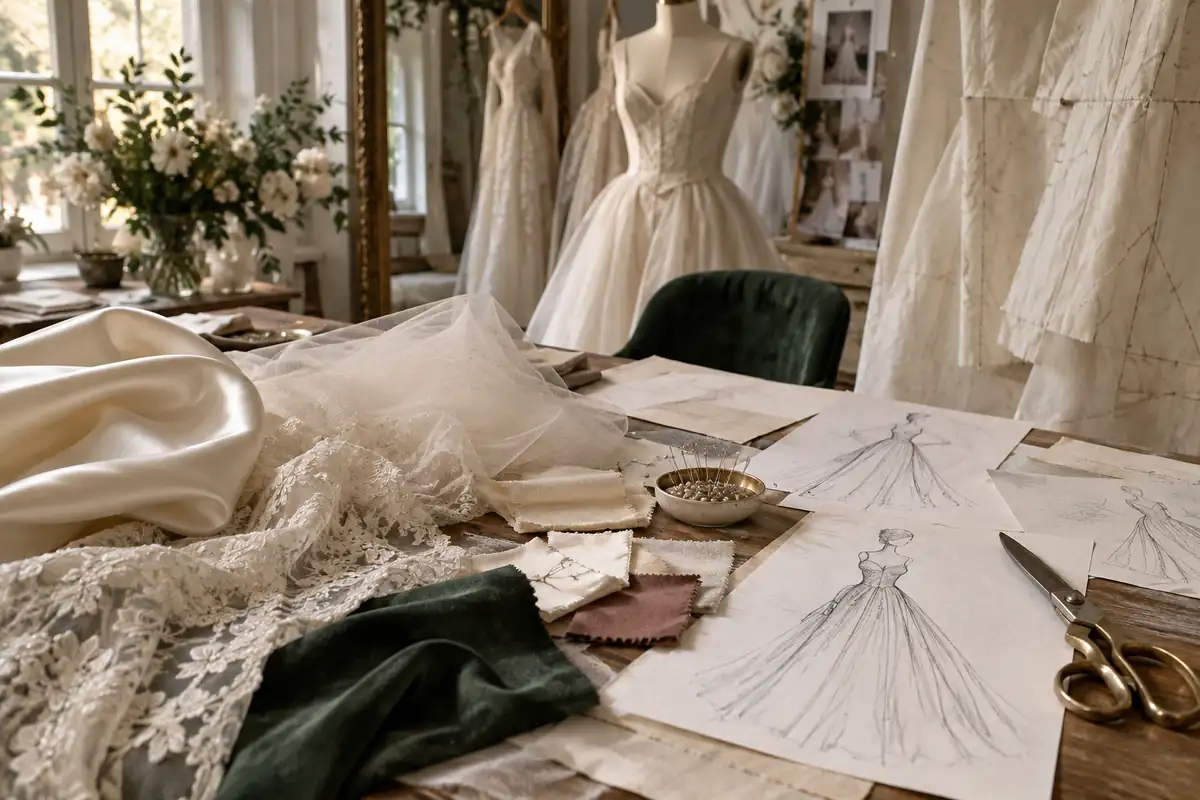 A fashion designer’s worktable with fabric swatches of silk mikado, lace, tulle and crepe, pinned toile patterns, dressmaker scissors and pencil sketches of wedding gowns (no legible writing), warm studio light