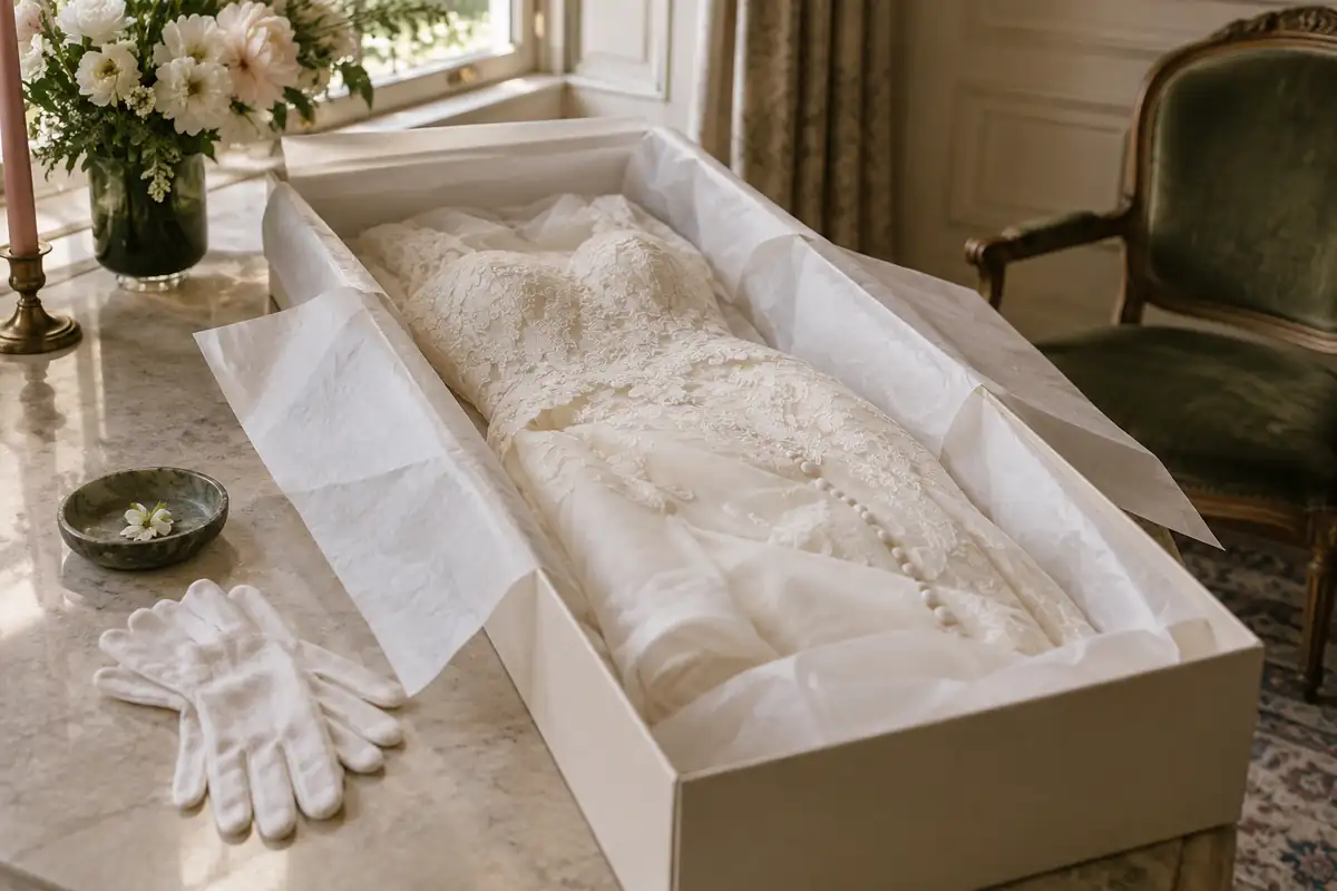 A wedding gown carefully folded with acid-free tissue paper in a long archival box on a table, white cotton gloves beside it