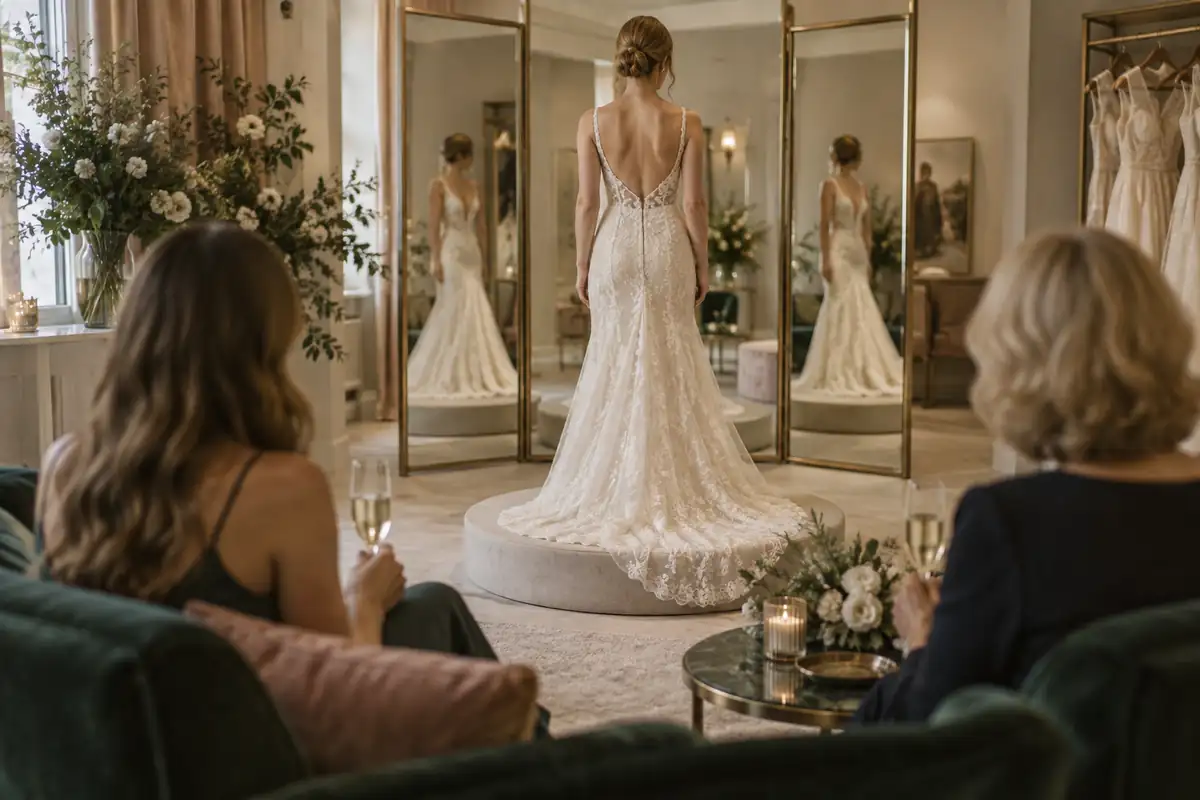 A bride-to-be seen from behind standing on a round fitting pedestal in a bridal salon, three-way mirror, a friend and her mother seated on a velvet sofa out of focus, champagne flutes