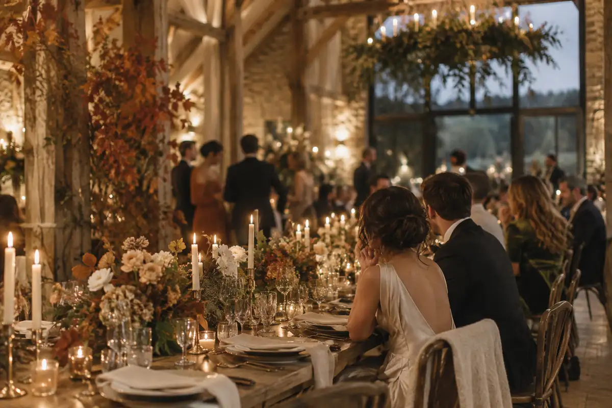 An autumn wedding reception in a restored barn on a weekday evening: long tables, amber leaves, candlelight, a few guests blurred